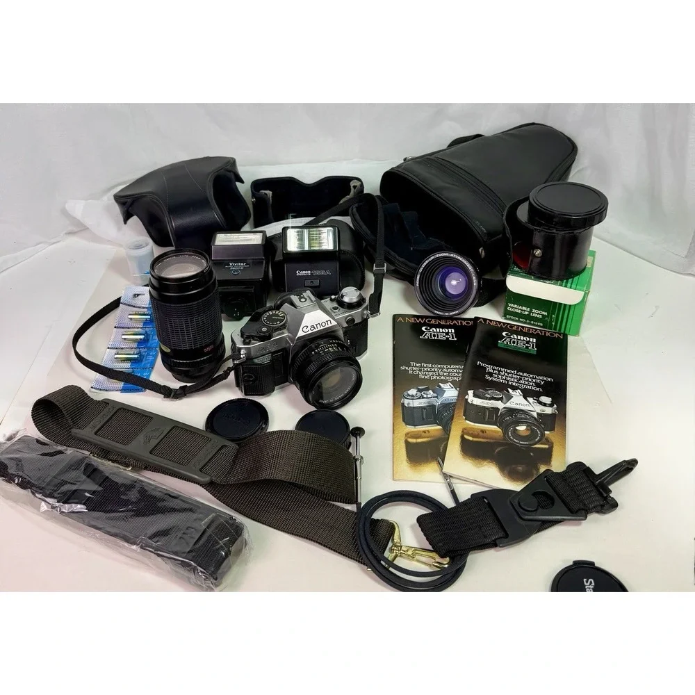 Canon AE-1 Program 35mm SLR Camera FD 50mm Lens 80-200mm Flash Kit Extras READ v